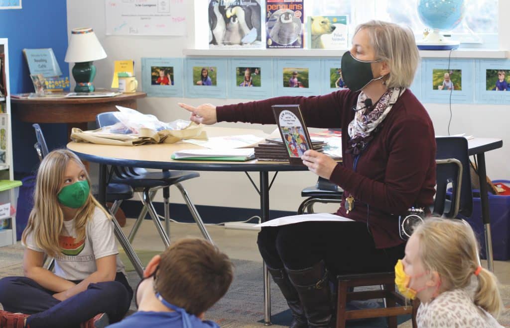 Susan Stoltzfus with second graders
on their first day back after distance learning.