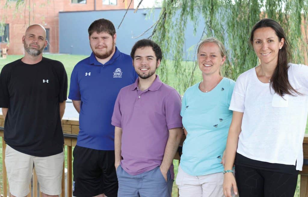 Pictured (l-r) on the campus bridge: Benjamin Bixler, Matthew Overacker, Lucas Wenger, Karen Suderman, Eliz Ozcan