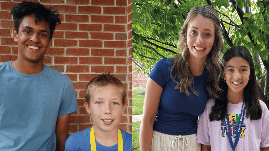 The “bigs” and “littles” program connects juniors and seniors with new middle school students. Here, 12th graders pose with their 6th grade “little” on back-to-school night.