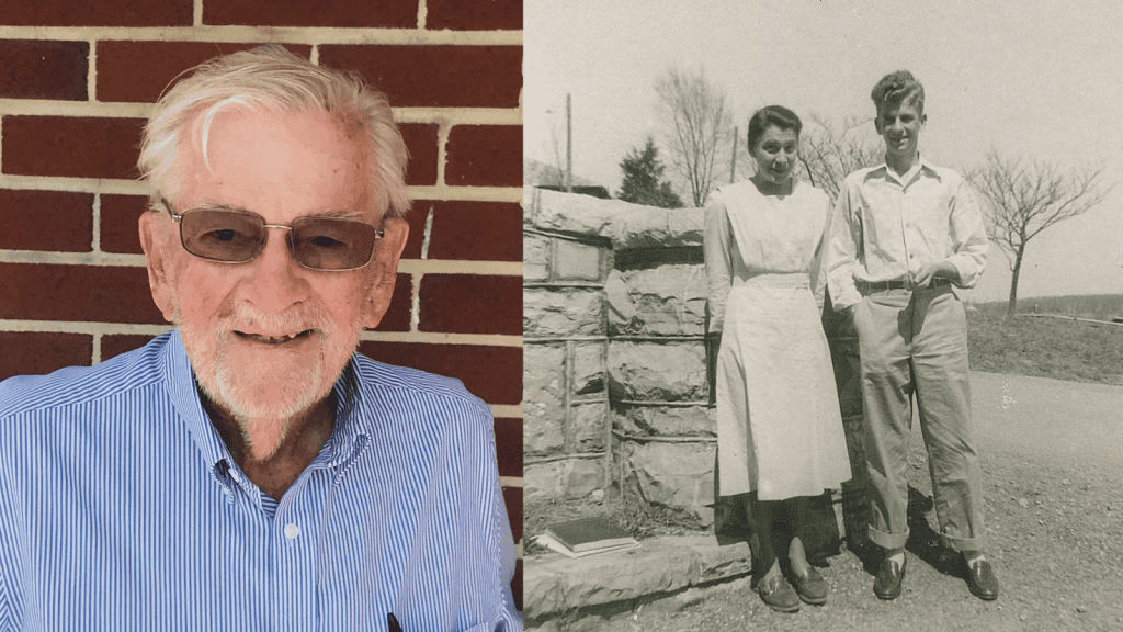 (l)H. Michael Shenk ’49, (r)1951 Michael and Peggy Shenk as sophomores on EMC campus