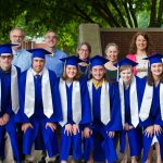 Faculty and staff pose with their graduating seniors: Erin Kennedy Hess (advancement assistant) with Jacob; Kendal Bauman (PE teacher and assistant athletic director) with Zach; Lee Good (earth science teacher) and Kerinna; Jodi Nissly Hertzler (college counselor, drama coordinator and English teacher) with Oliver; Chrstine Fairfield (front office coordinator) with Mary; and Rebecca Yutzy (special education and learning resources coordinator) and Lauren.