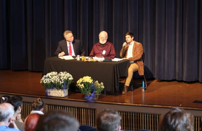 Elwood Yoder, Earl Martin, Caleb Schrock-Hurst at the public Kennel Charles Lecture. EMS photo.