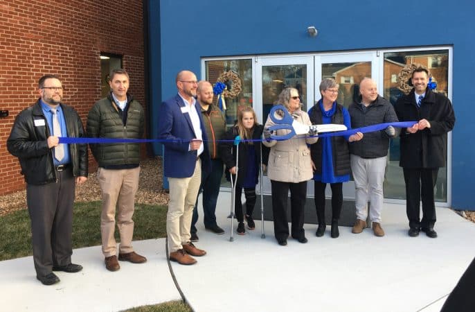 From left to right, Mike Stoltzfus, director of business affairs; Wayne Witmer, Harman Construction; Jeff Shank, EMS board chair; Charles Hendricks, Gains Group Architects; Marlowe Nichols, class of '27; Maria Archer, k-8 principal; Teresa Anders, EMS board of trustees and chair of advancement committee; Frank Oncken, Chamber of Commerce; Paul Leaman, head of school