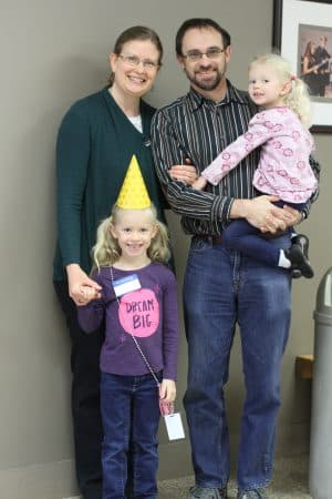 Rebecca Tyson shared stories from her own life as part of her chapel series. On Friday, husband, Ben, and daughters Abby and Aimee joined her and the students sang to help Abby celebrate turning six.