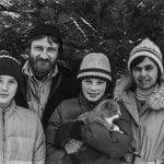 Eric, Keith, Brendan and Ellen Helmuth at their North Hill Farm homestead, Speerville, New Brunswick, Canada, 1979.