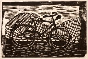 Ezra Miller, 11, a bike, linocut print