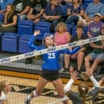 Meredith (Stinnette) Hall during an Eastern Mennonite University match vs Mary Baldwin in 2019. Photo courtesy of EMU Athletics. 