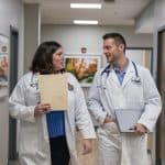 Dr. Justin Weirich 'o6 (right) with a colleague at Lutheran Health Physicians, Fort Wayne, Ind. Photo credit Tim Brumbleloe.