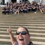 Jennifer Young takes a selfie with the group on the Lincoln Memorial steps, Senior Trip 2021.