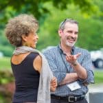 Carl Stauffer, Eastern Mennonite University, right, with Fania Davis, during a restorative justice conference at EMU. Photo courtesy EMU.